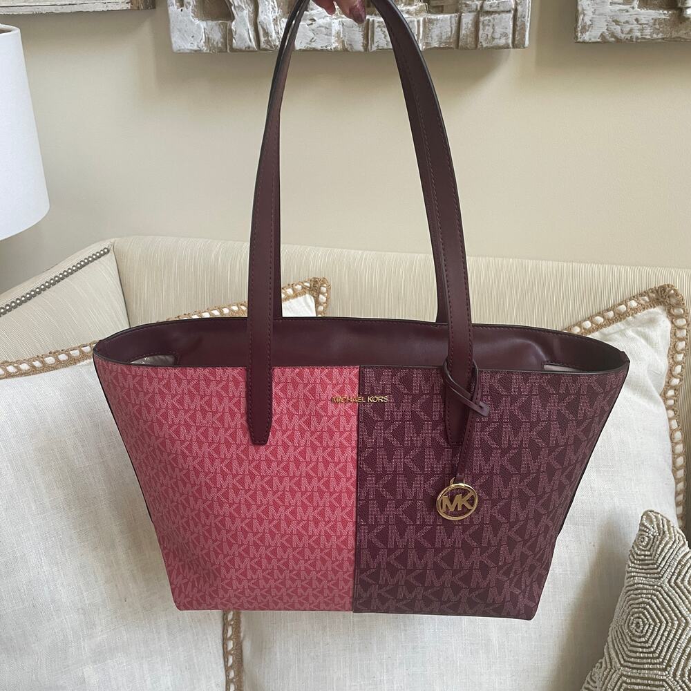 Michael Kors Jet Set Medium Tote | Colorblock MK Logo Pink Burgundy - Picture 2 of 14